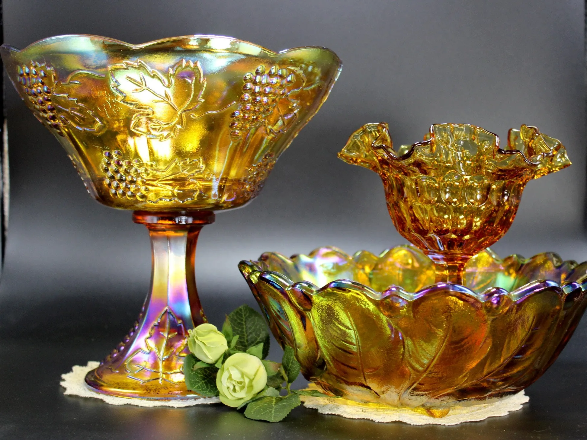 Amber Carnival Glass Lot, Compotes and Serving Bowl, Indiana Glass Serving Dishes 11227