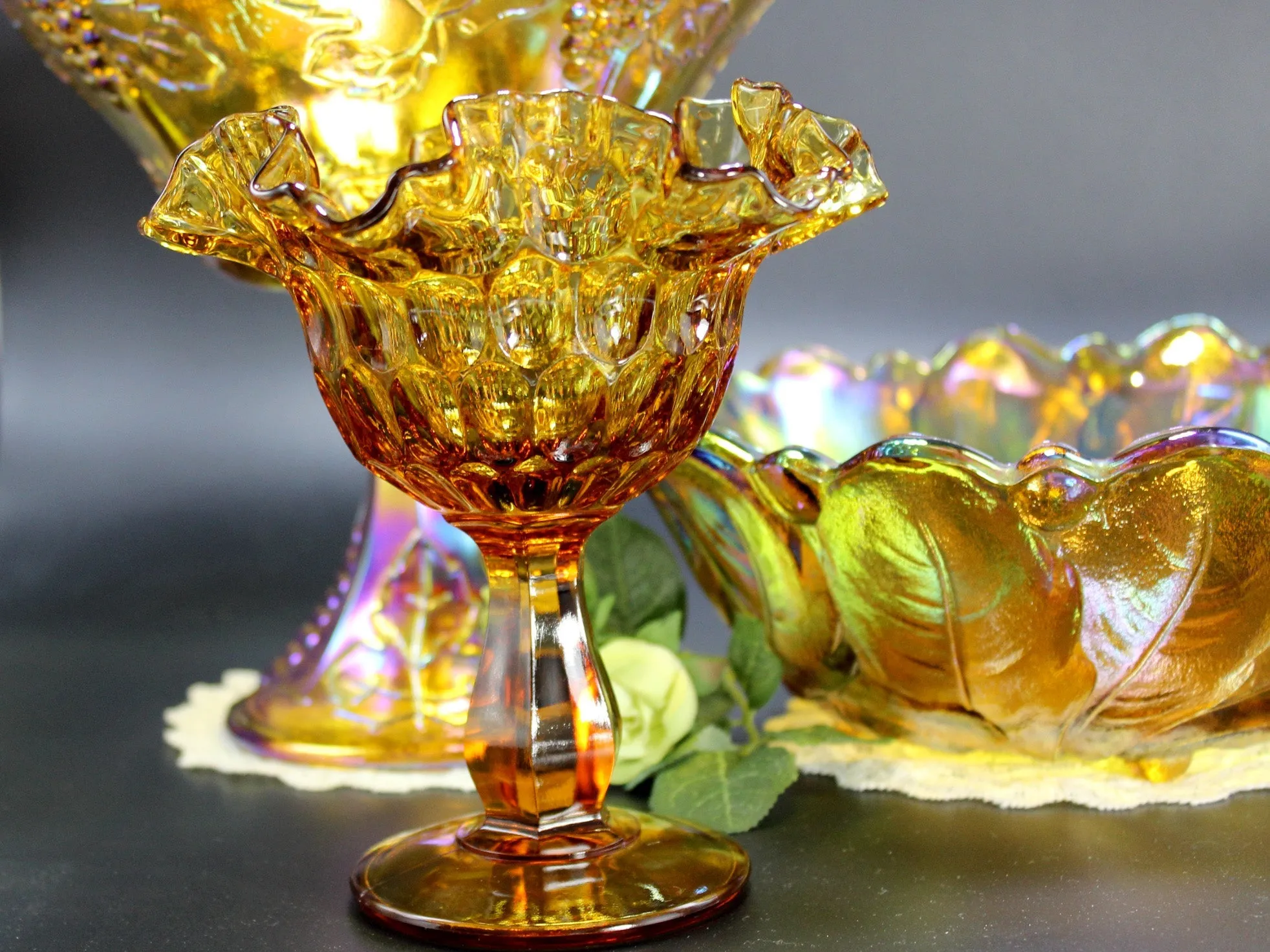 Amber Carnival Glass Lot, Compotes and Serving Bowl, Indiana Glass Serving Dishes 11227