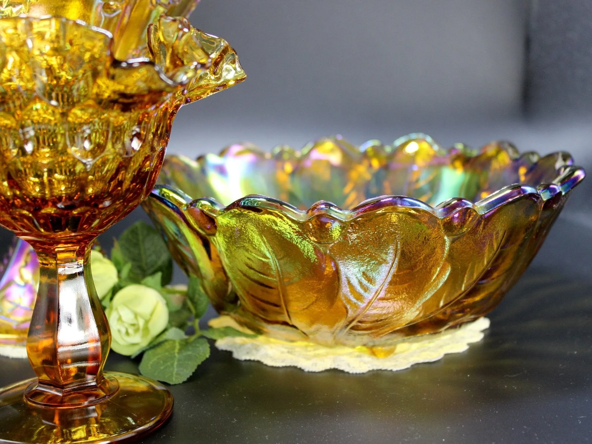 Amber Carnival Glass Lot, Compotes and Serving Bowl, Indiana Glass Serving Dishes 11227