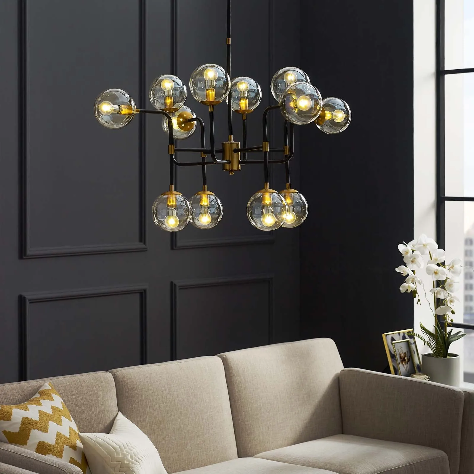 Ambition Amber Glass And Antique Brass 12 Light Pendant Chandelier By Modway - EEI-2884