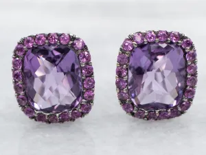 Amethyst Stud Earrings with Pink Sapphire Halo