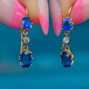 Antique 15ct Gold Sapphire Diamond Drop Earrings, 2.16ct Sapphires