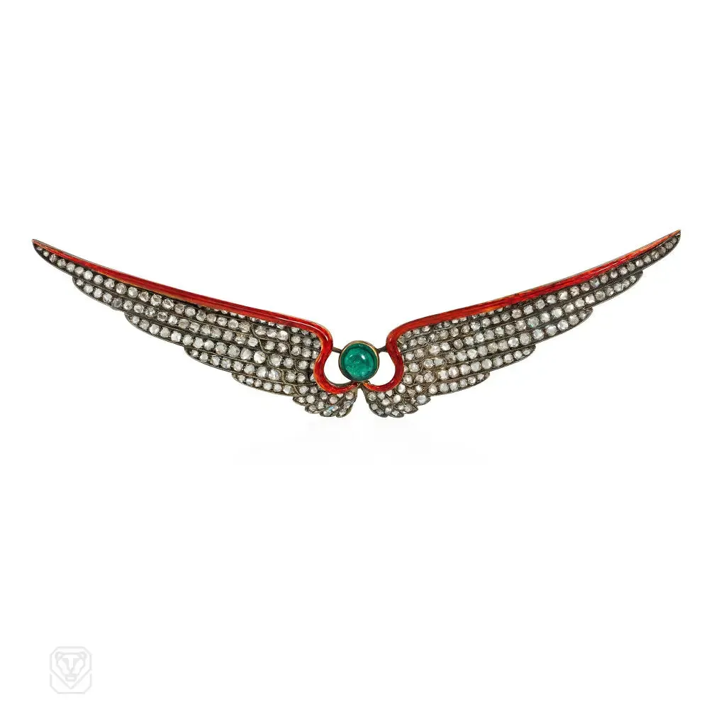 Antique double wing enamel, diamond and emerald brooch