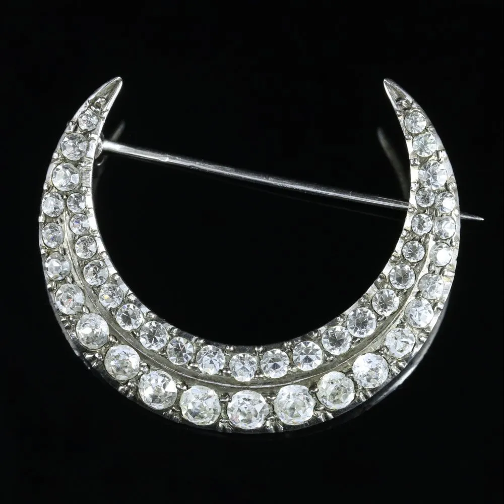 Antique Victorian Paste Crescent Moon Brooch Silver Dated 1898