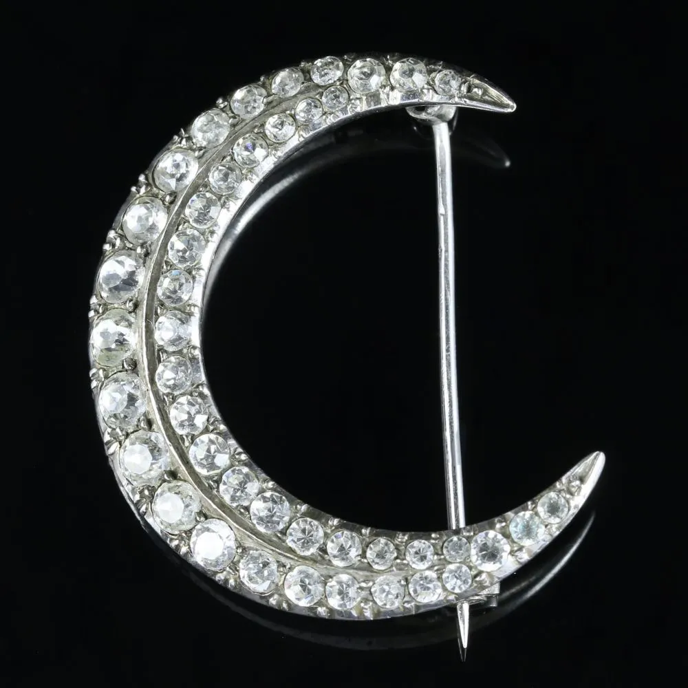 Antique Victorian Paste Crescent Moon Brooch Silver Dated 1898