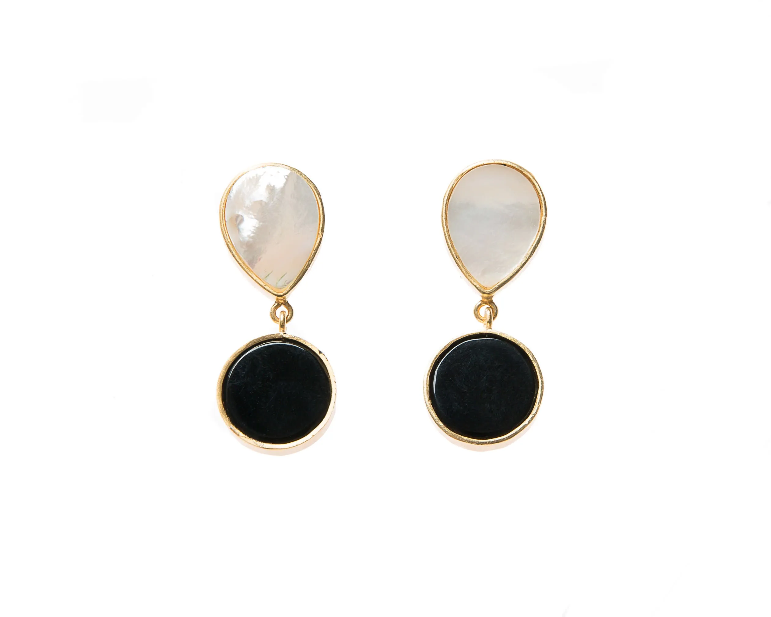 Anya Earrings (Teardrop White Mother-Of-Pearl & Round Black Agate)