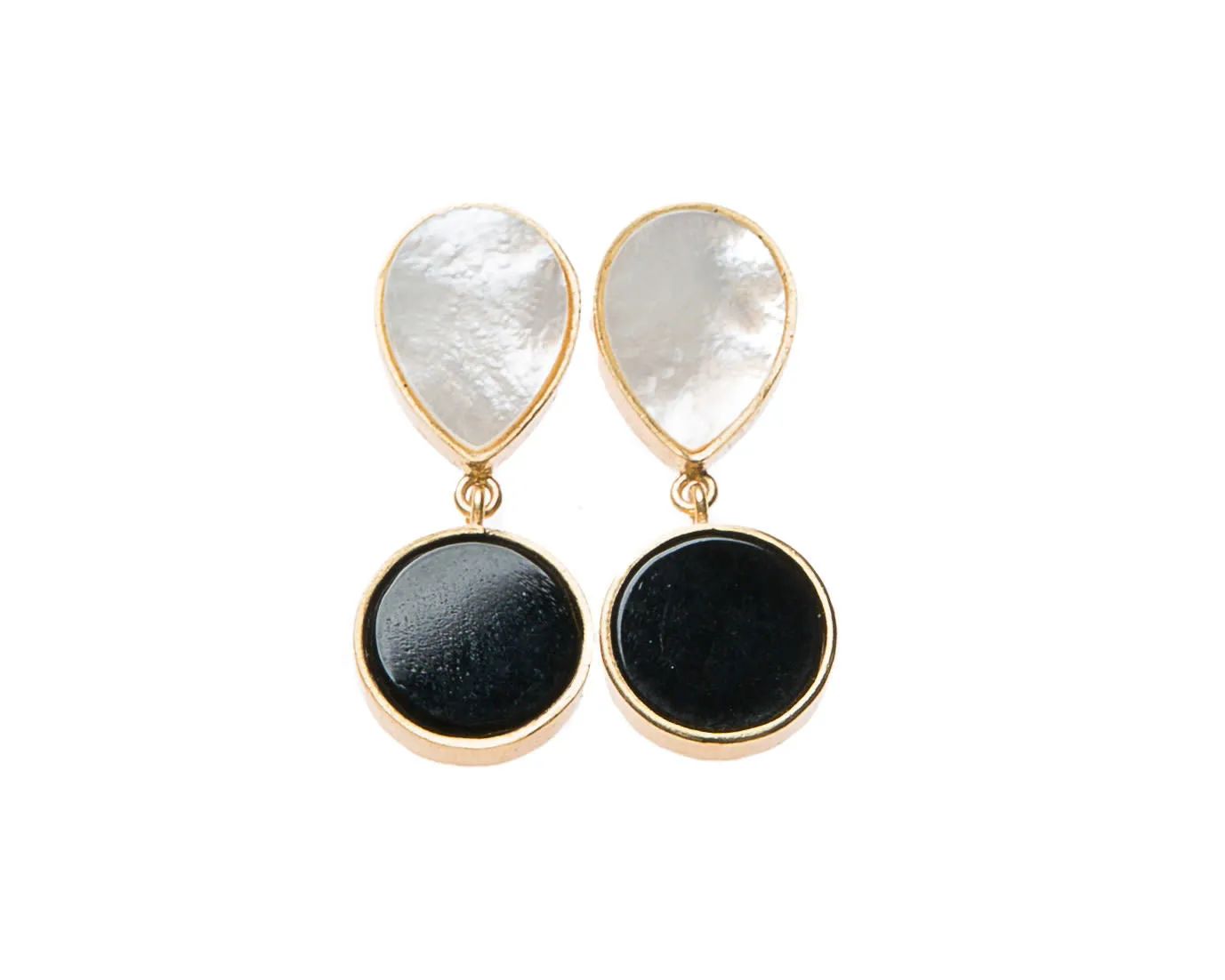 Anya Earrings (Teardrop White Mother-Of-Pearl & Round Black Agate)