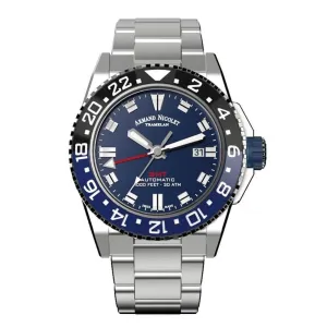 Armand Nicolet JS9-44 GMT Blue Stainless Steel Black and Blue Bezel