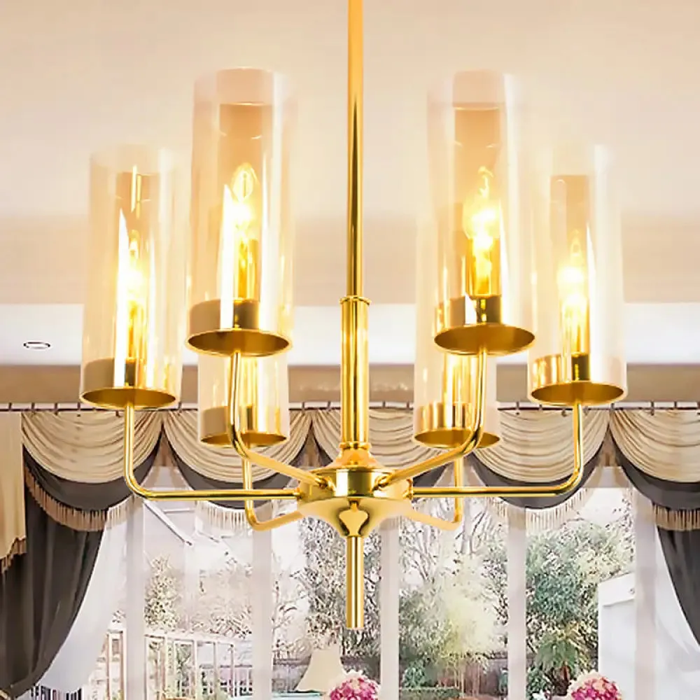 Blue/Amber Glass Cylinder Chandelier - 6/10 Lights in Gold for Modern Living Room