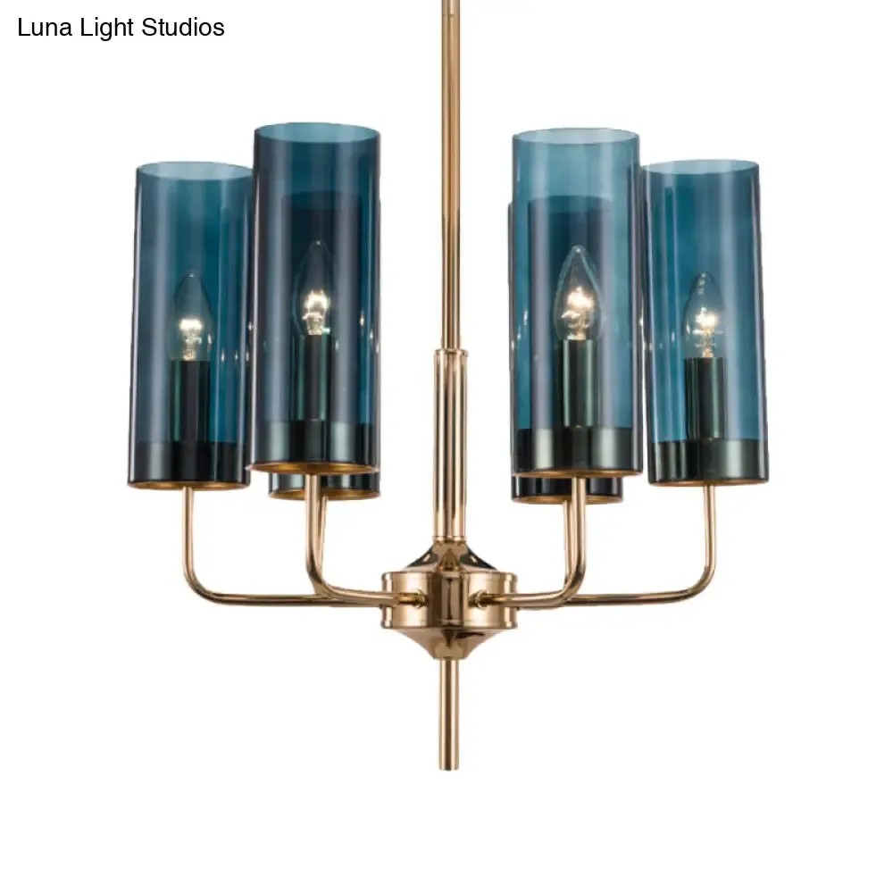 Blue/Amber Glass Cylinder Chandelier - 6/10 Lights in Gold for Modern Living Room