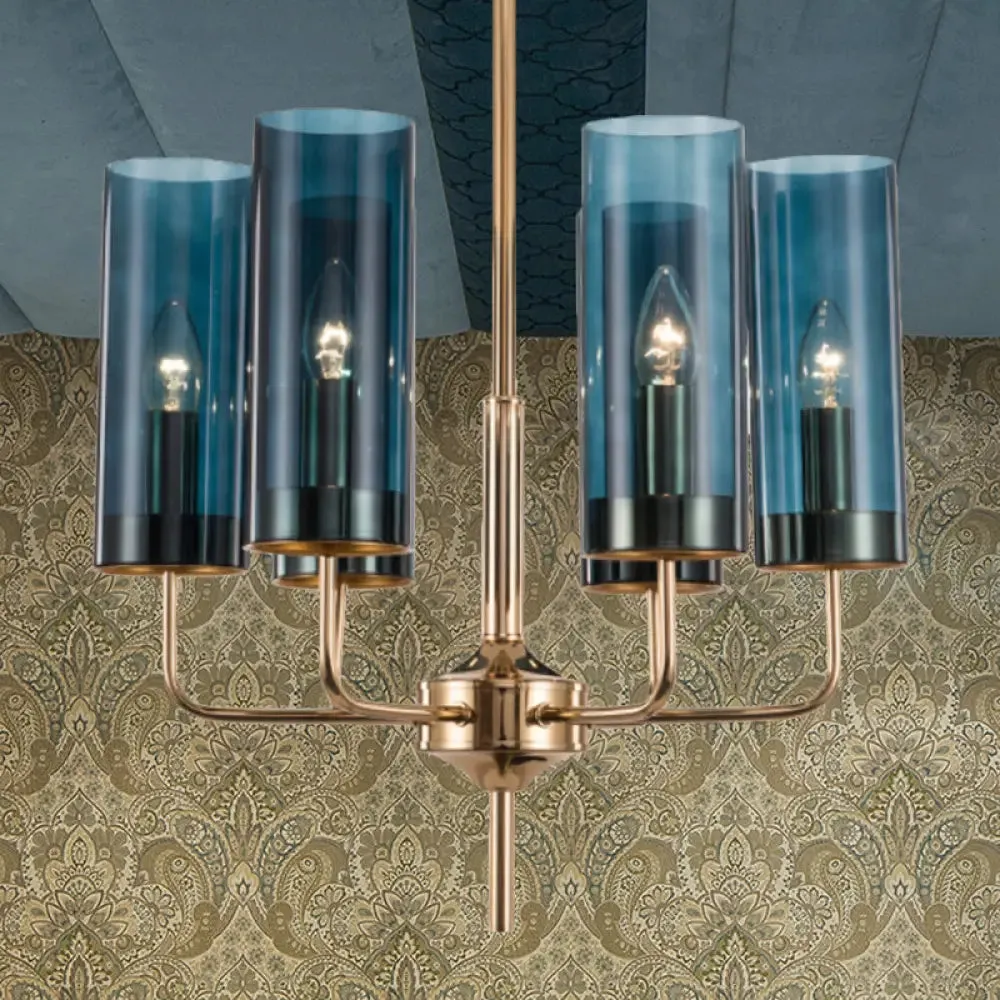 Blue/Amber Glass Cylinder Chandelier - 6/10 Lights in Gold for Modern Living Room