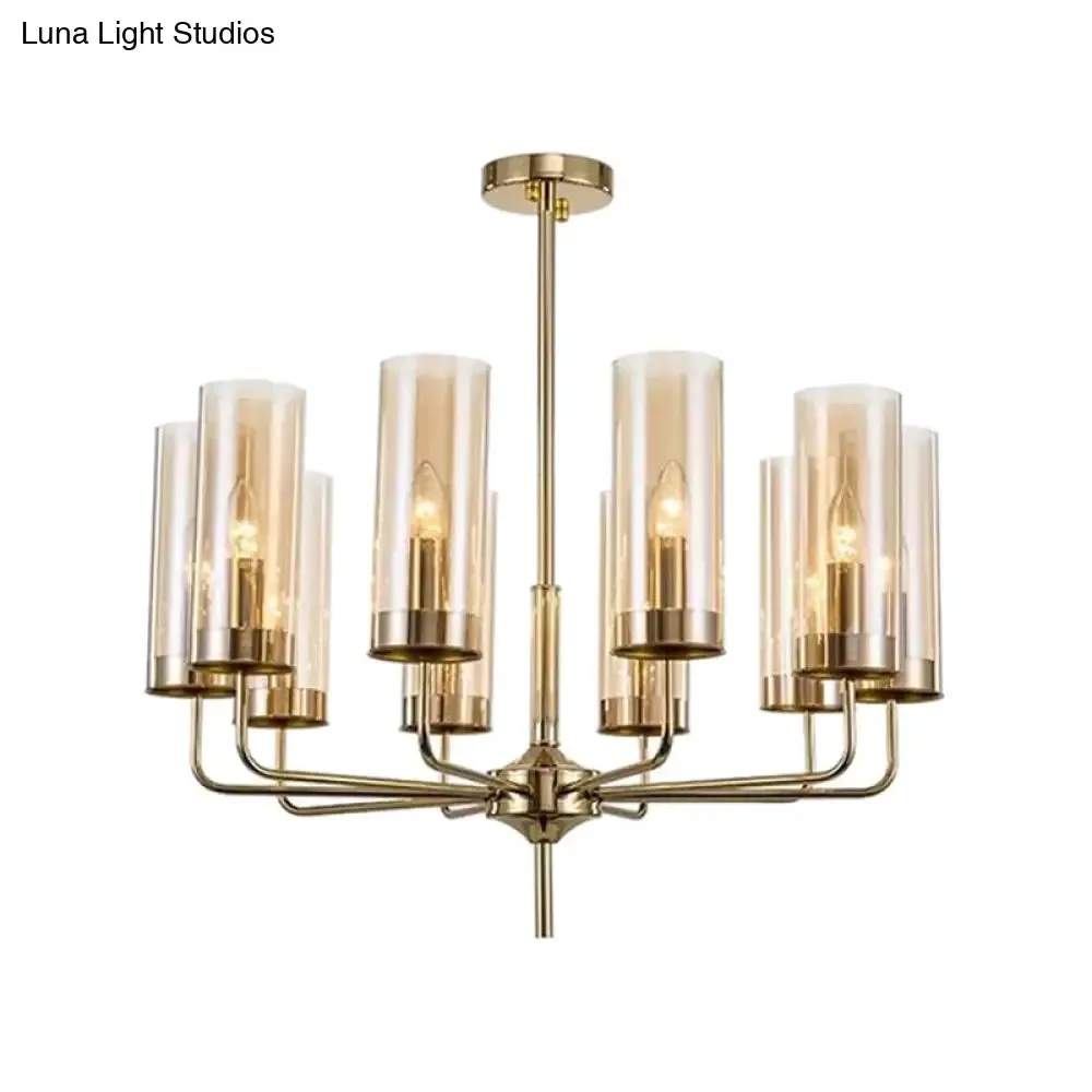 Blue/Amber Glass Cylinder Chandelier - 6/10 Lights in Gold for Modern Living Room