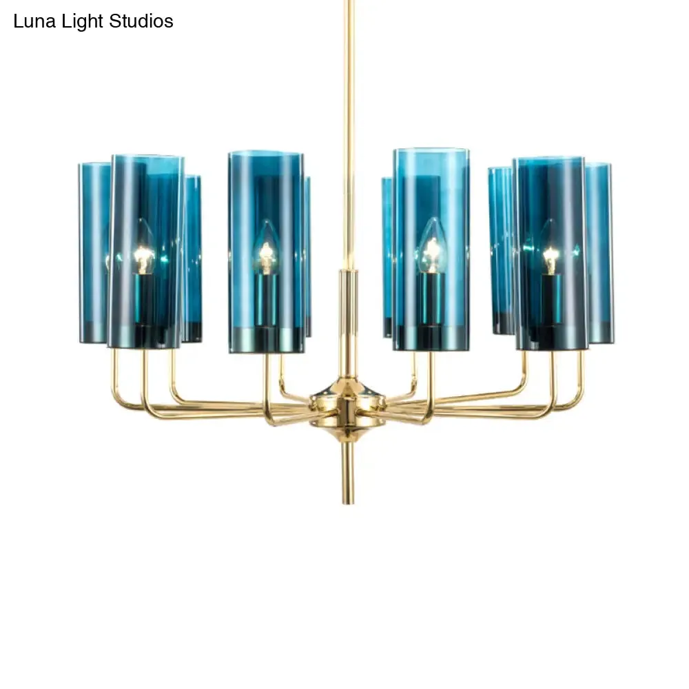 Blue/Amber Glass Cylinder Chandelier - 6/10 Lights in Gold for Modern Living Room