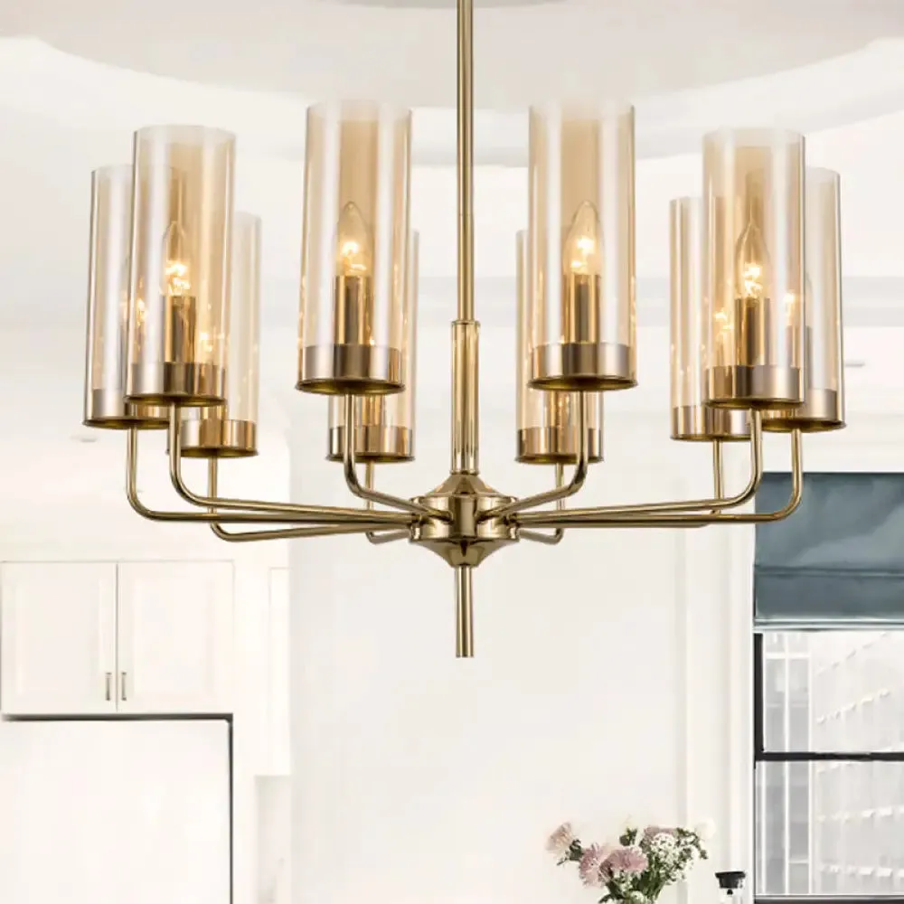 Blue/Amber Glass Cylinder Chandelier - 6/10 Lights in Gold for Modern Living Room