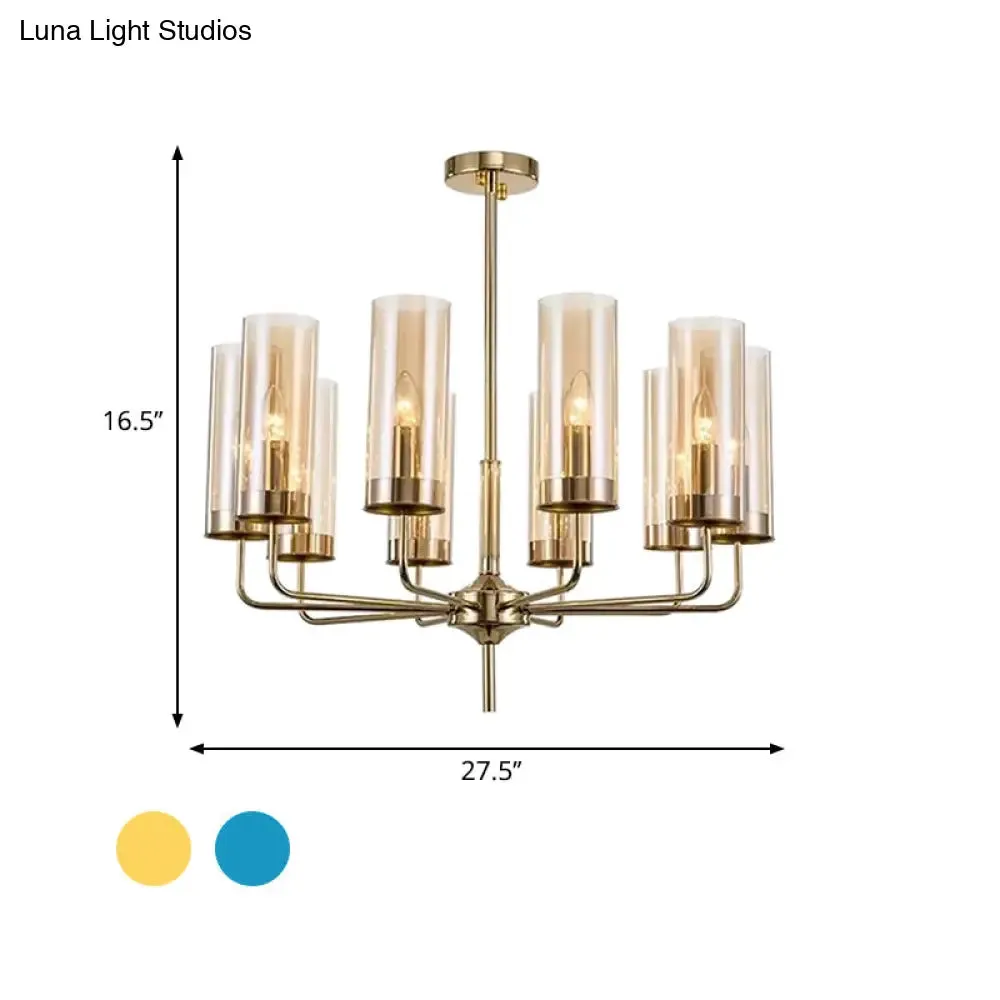 Blue/Amber Glass Cylinder Chandelier - 6/10 Lights in Gold for Modern Living Room