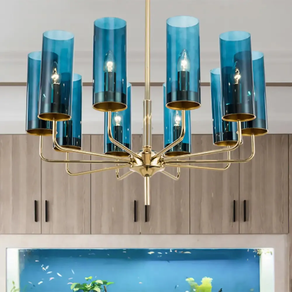 Blue/Amber Glass Cylinder Chandelier - 6/10 Lights in Gold for Modern Living Room