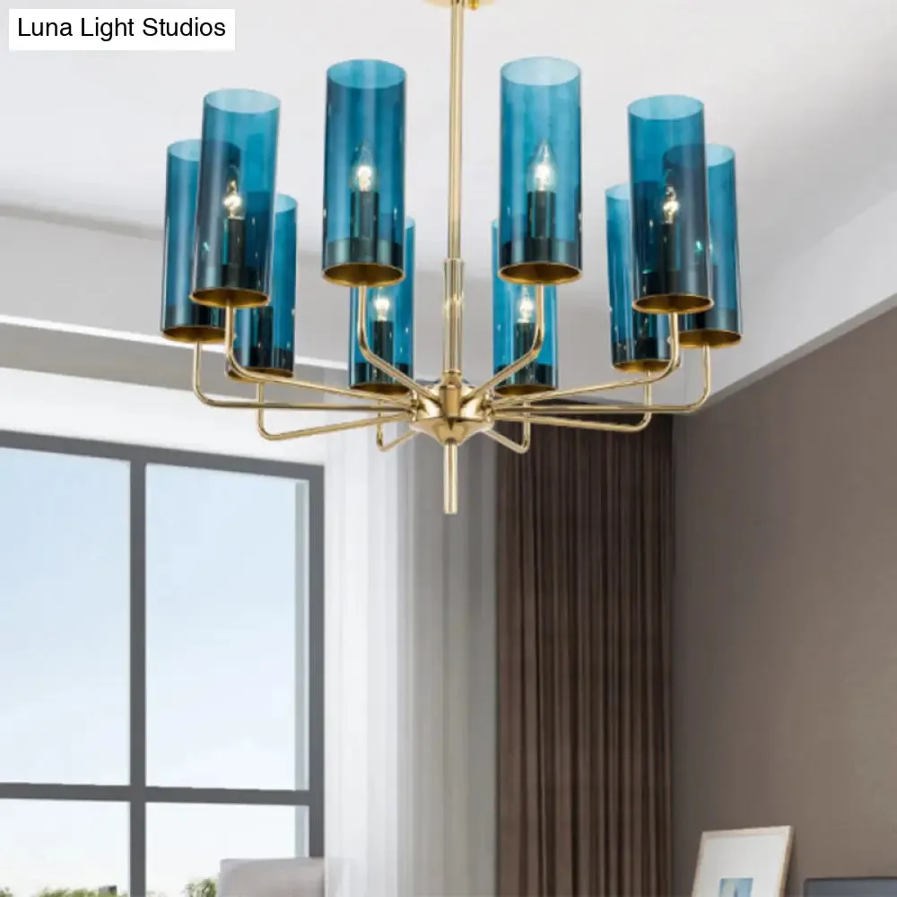 Blue/Amber Glass Cylinder Chandelier - 6/10 Lights in Gold for Modern Living Room