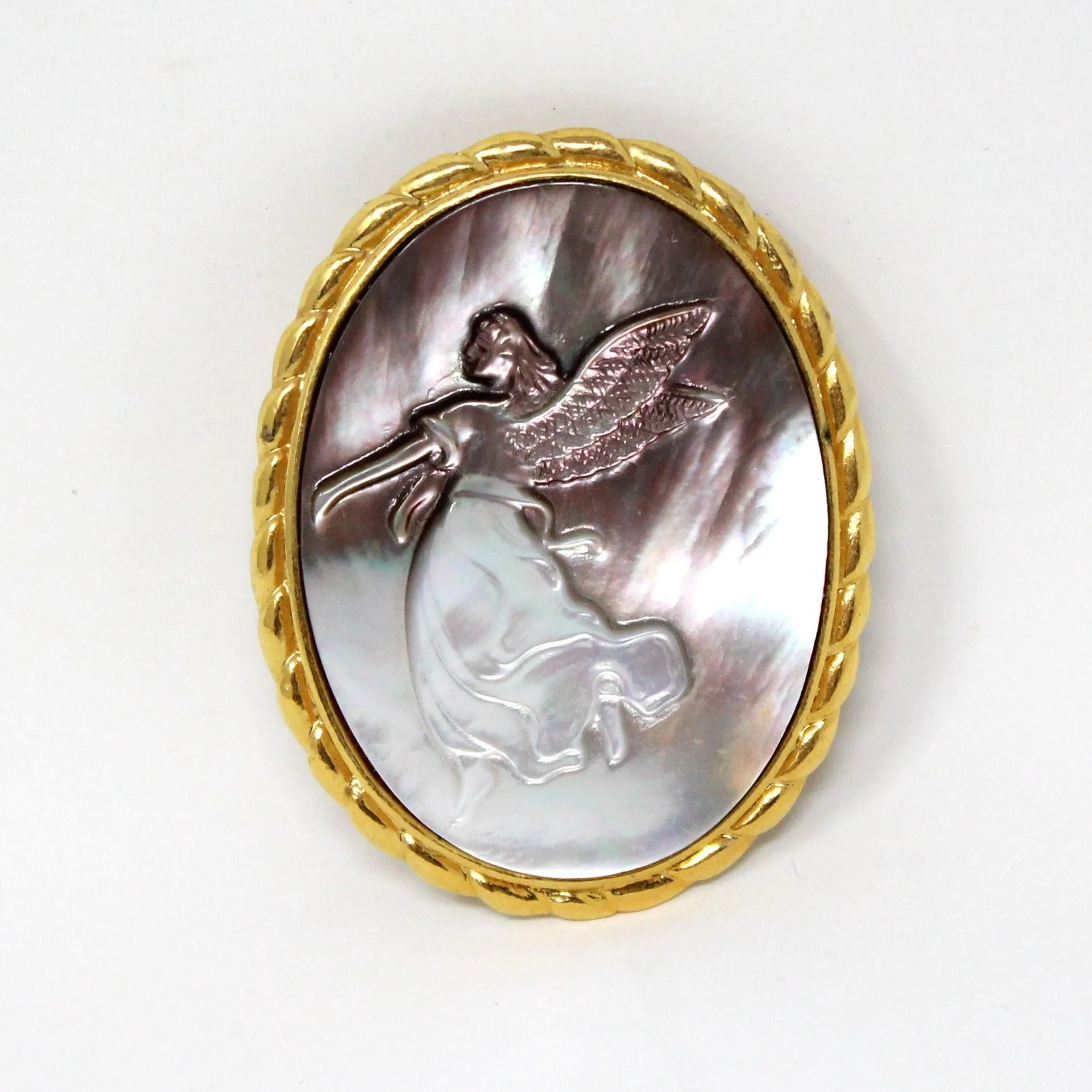 Brooch / Pin & Pendant, Abalone Angel Cameo, Gold Tone Oval