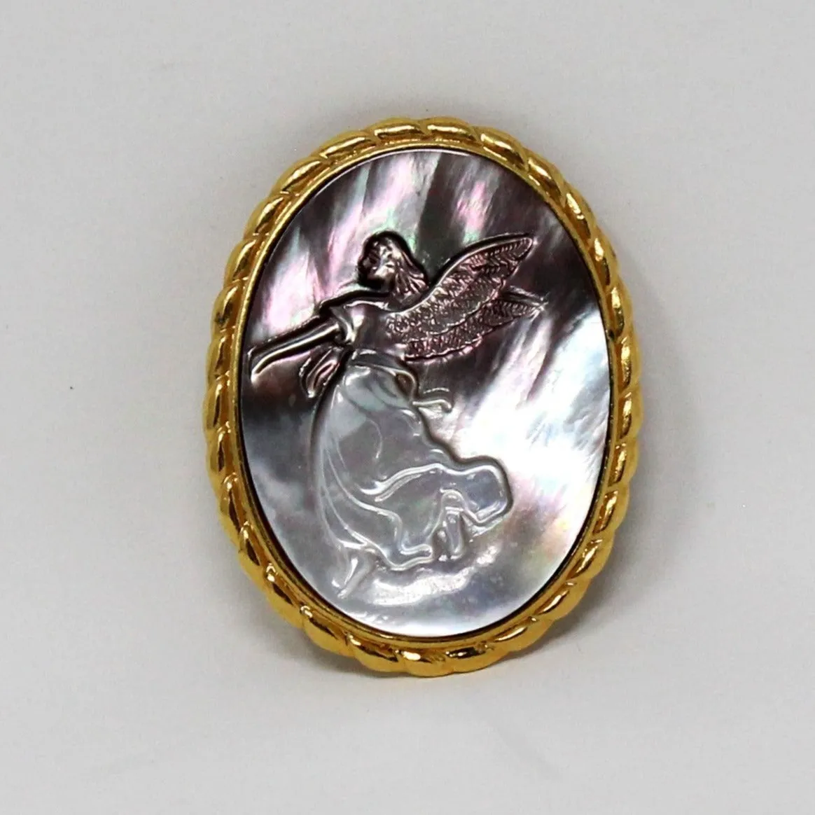 Brooch / Pin & Pendant, Abalone Angel Cameo, Gold Tone Oval