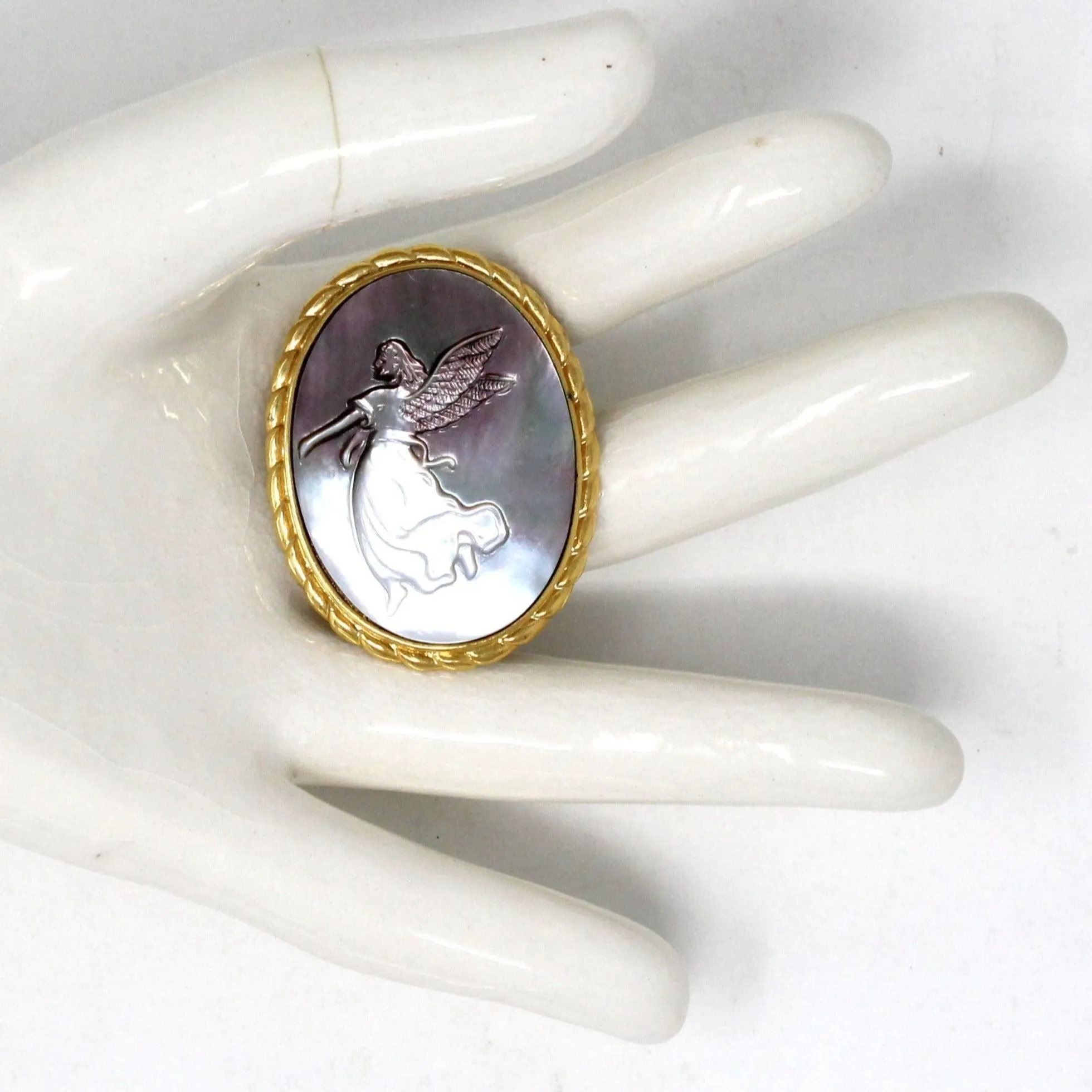 Brooch / Pin & Pendant, Abalone Angel Cameo, Gold Tone Oval