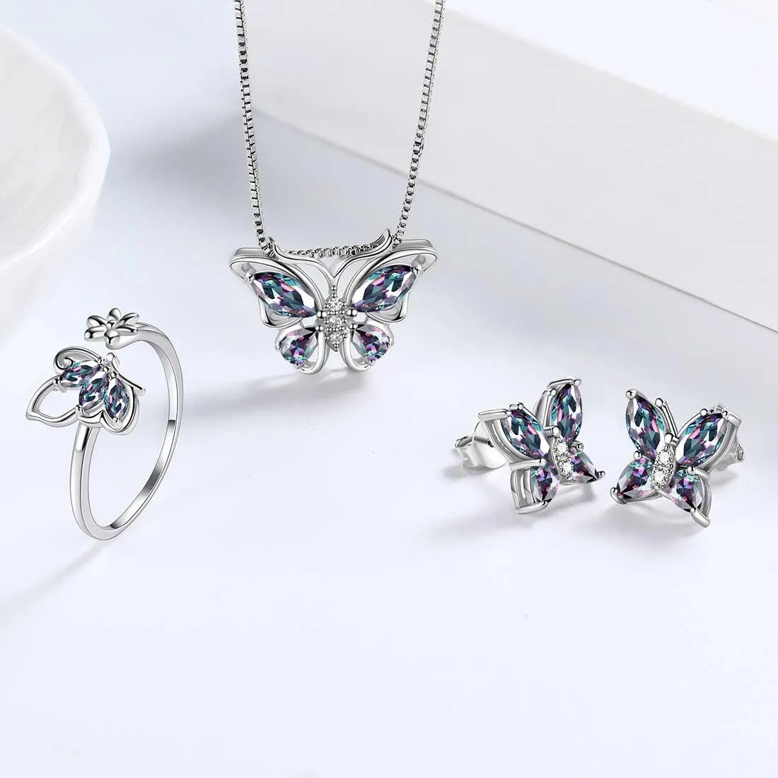 Butterfly Rainbow Mystic Topaz Jewelry Sets 4PCS Women Girls Gift Sterling Silver