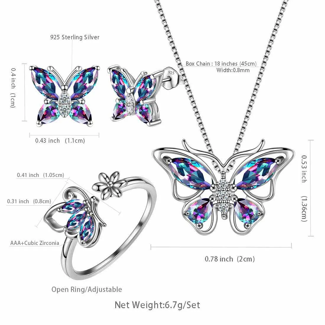 Butterfly Rainbow Mystic Topaz Jewelry Sets 4PCS Women Girls Gift Sterling Silver