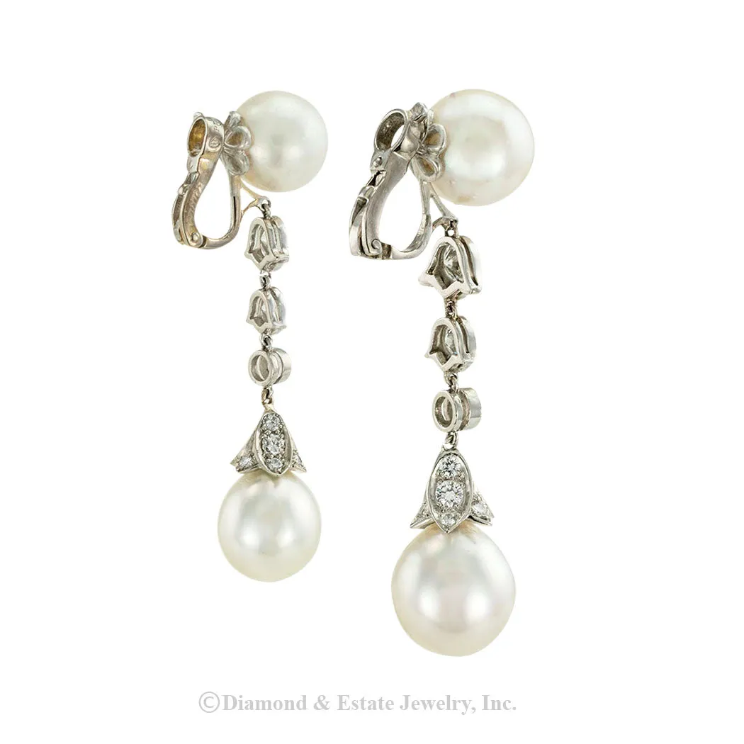 Cartier South Sea Pearl Diamond Platinum Drop Earrings