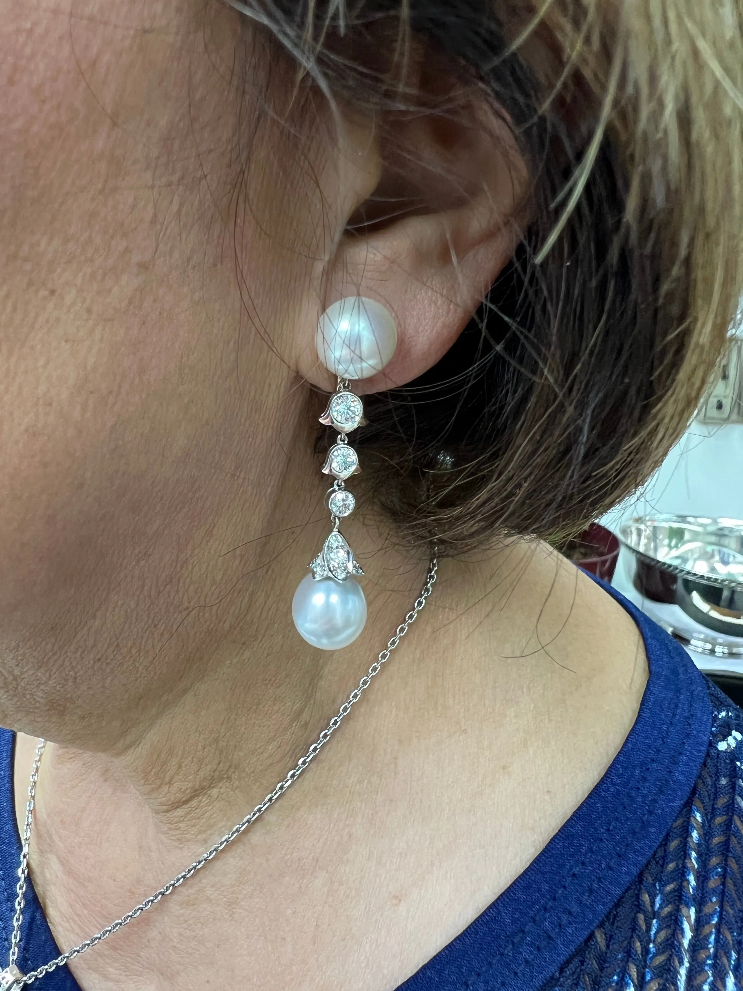 Cartier South Sea Pearl Diamond Platinum Drop Earrings