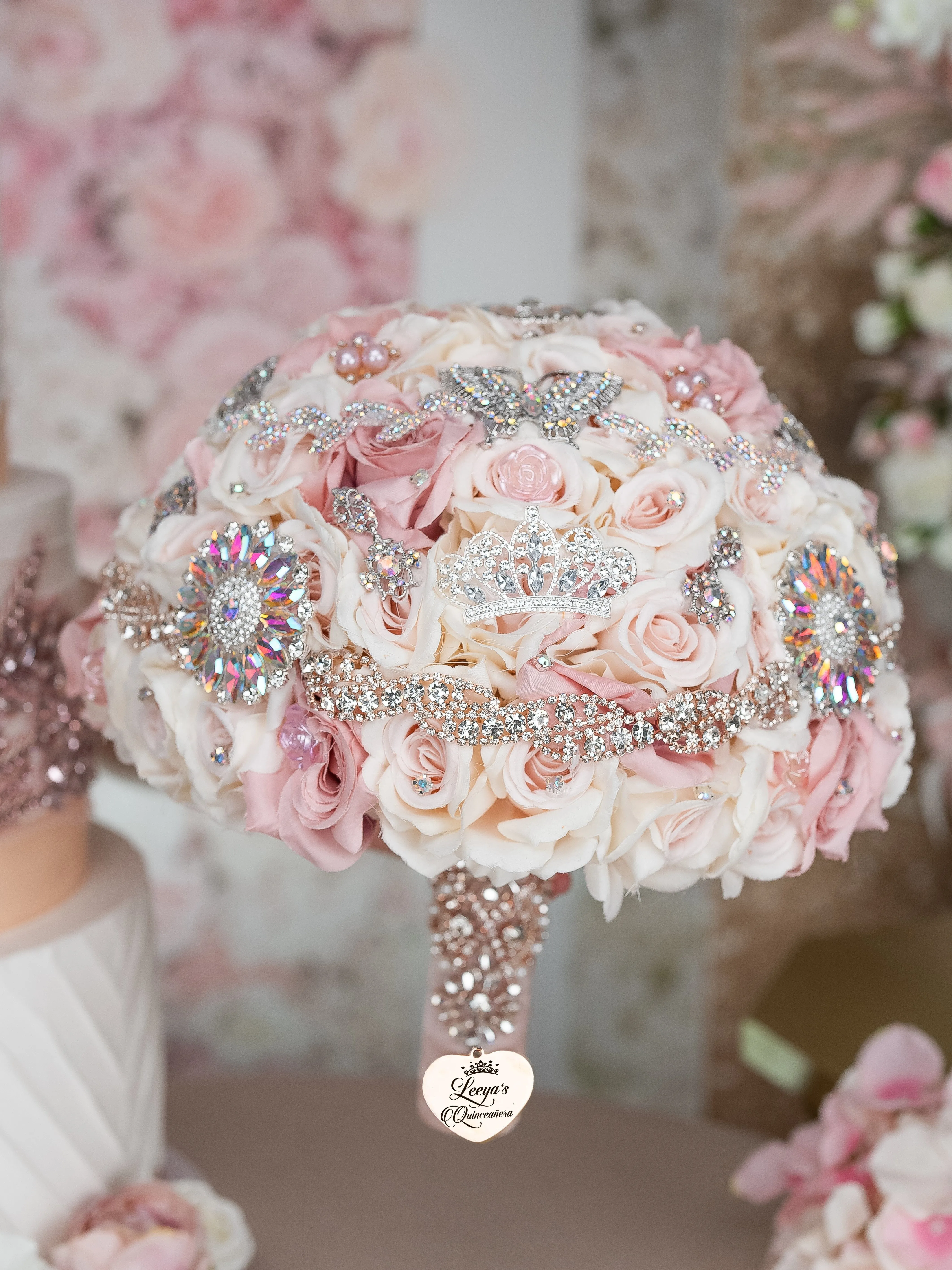 Champagne rose gold iridescent quinceanera bouquet 9 inches