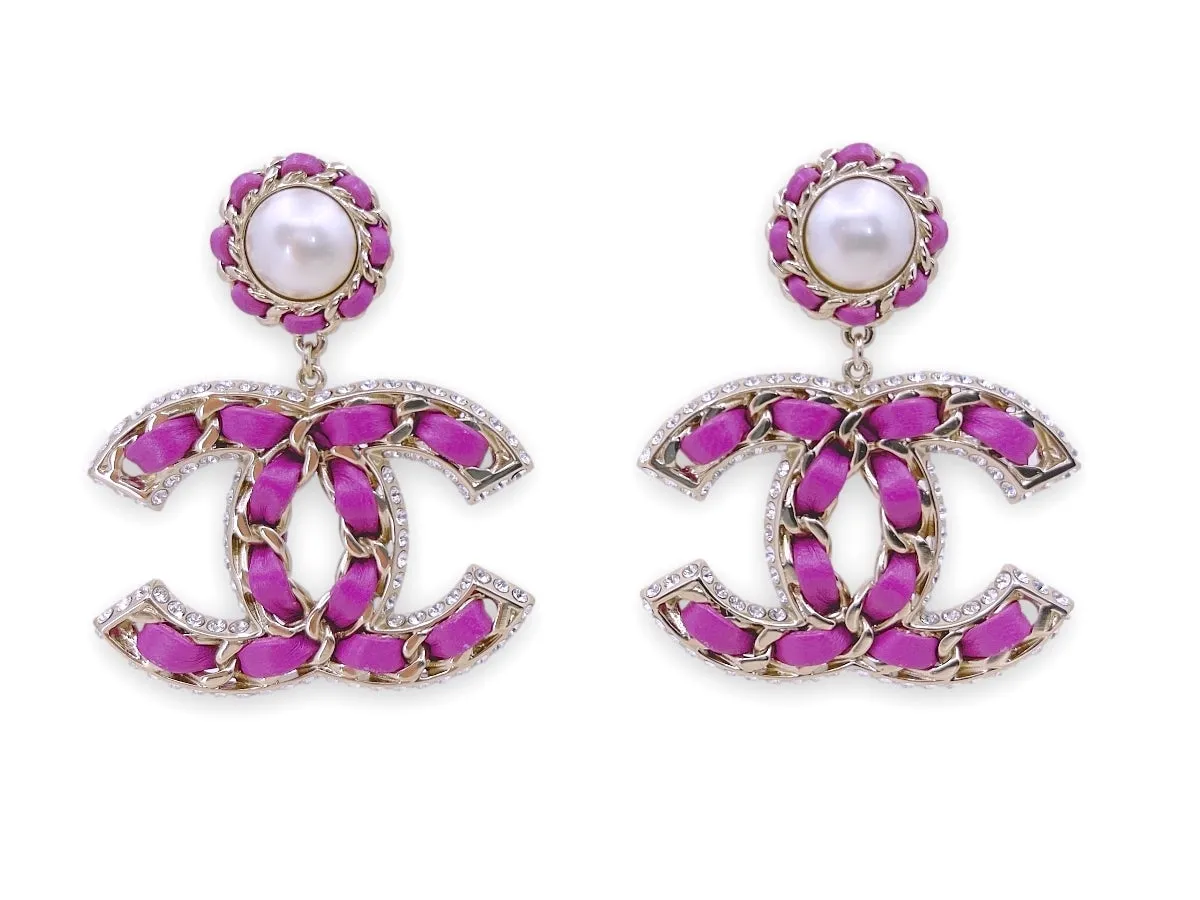 Chanel 21P Magenta Pink, Gold and Pearl CC Drop Earrings