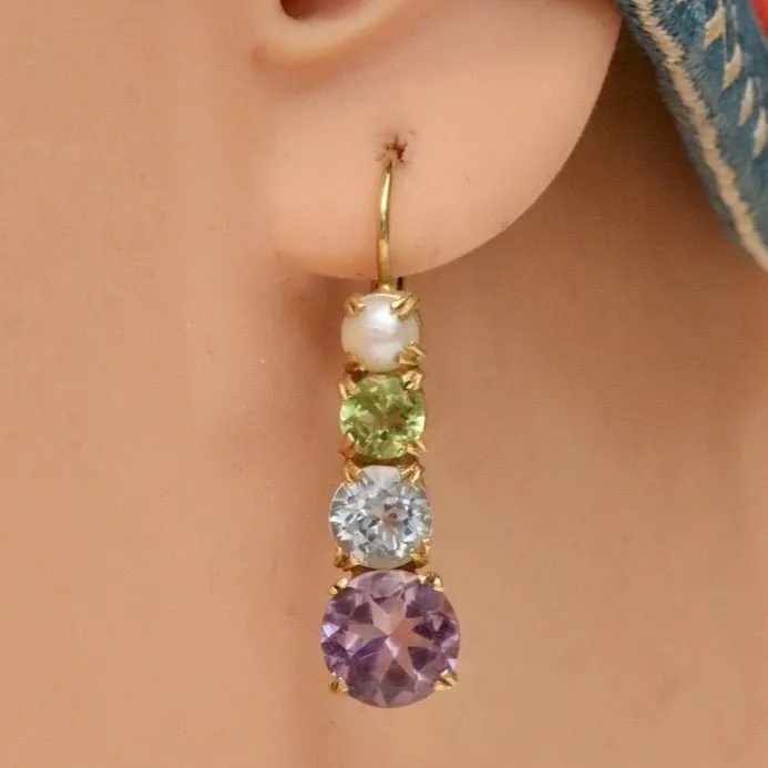 Christina Rossetti 14k Gold, Amethyst, Blue Topaz, Peridot and Pearl Earrings