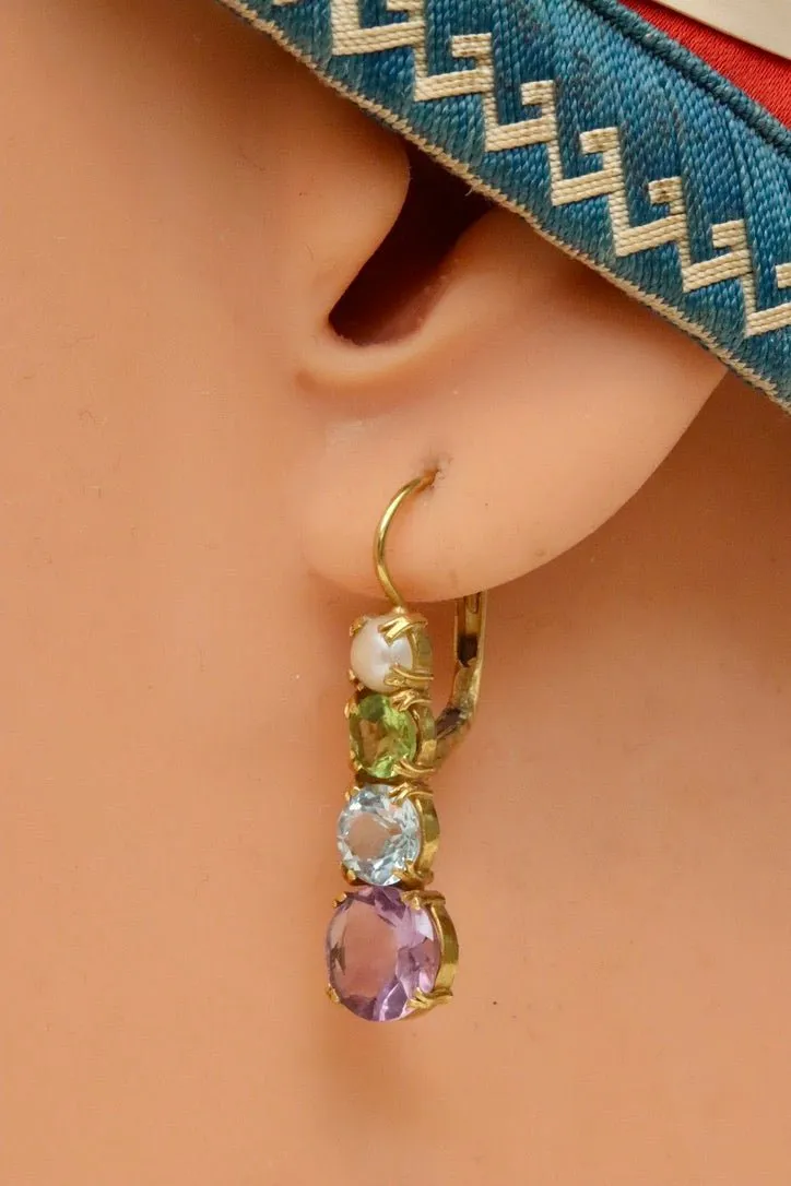 Christina Rossetti 14k Gold, Amethyst, Blue Topaz, Peridot and Pearl Earrings