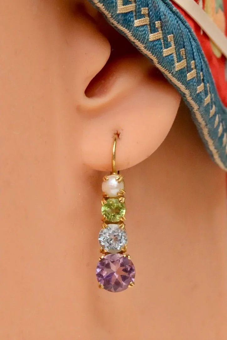 Christina Rossetti 14k Gold, Amethyst, Blue Topaz, Peridot and Pearl Earrings