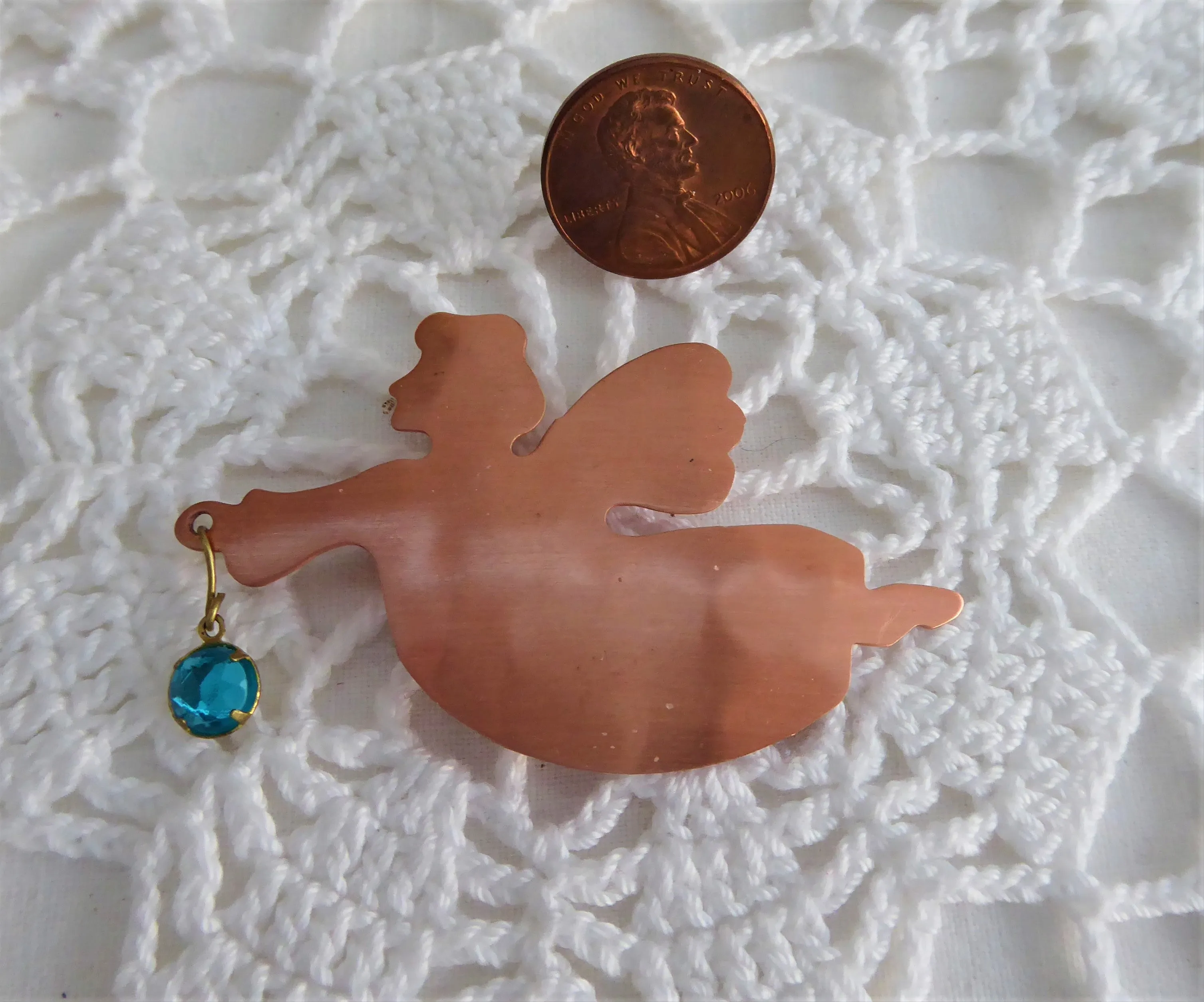 Copper Flying Angel Brooch Pin Blue Rhinestone Dangle Artisan