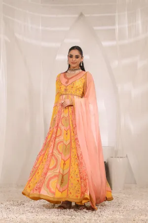 Coral Peach Traditional Printed Chinon Silk Anarkali Set