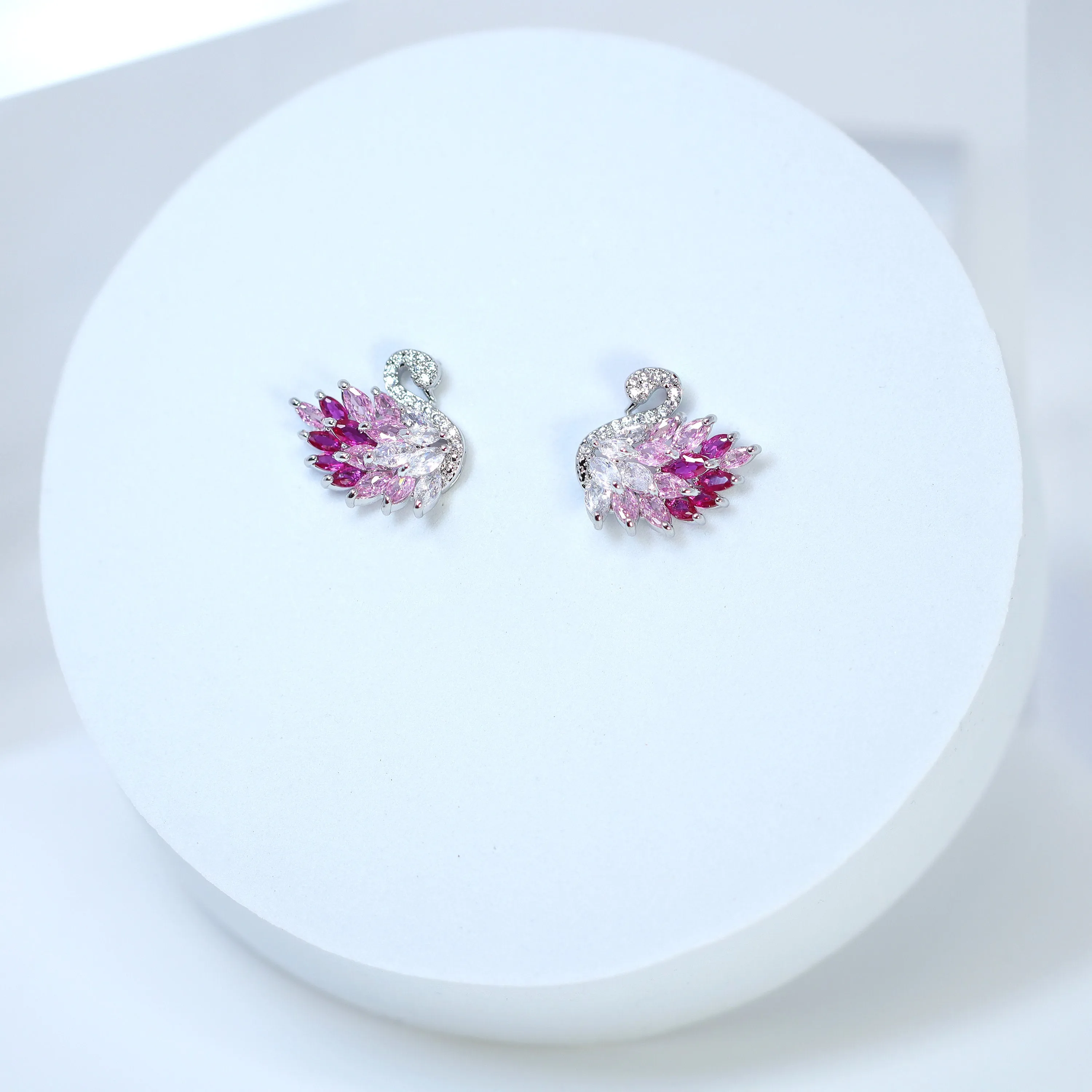 Cubic Zirconia Diamond Pink Swan stud Earrings, Bridal Jewelry, Bridal Stud Earrings, Crystal Bridal Earrings, Statement Earrings Cz