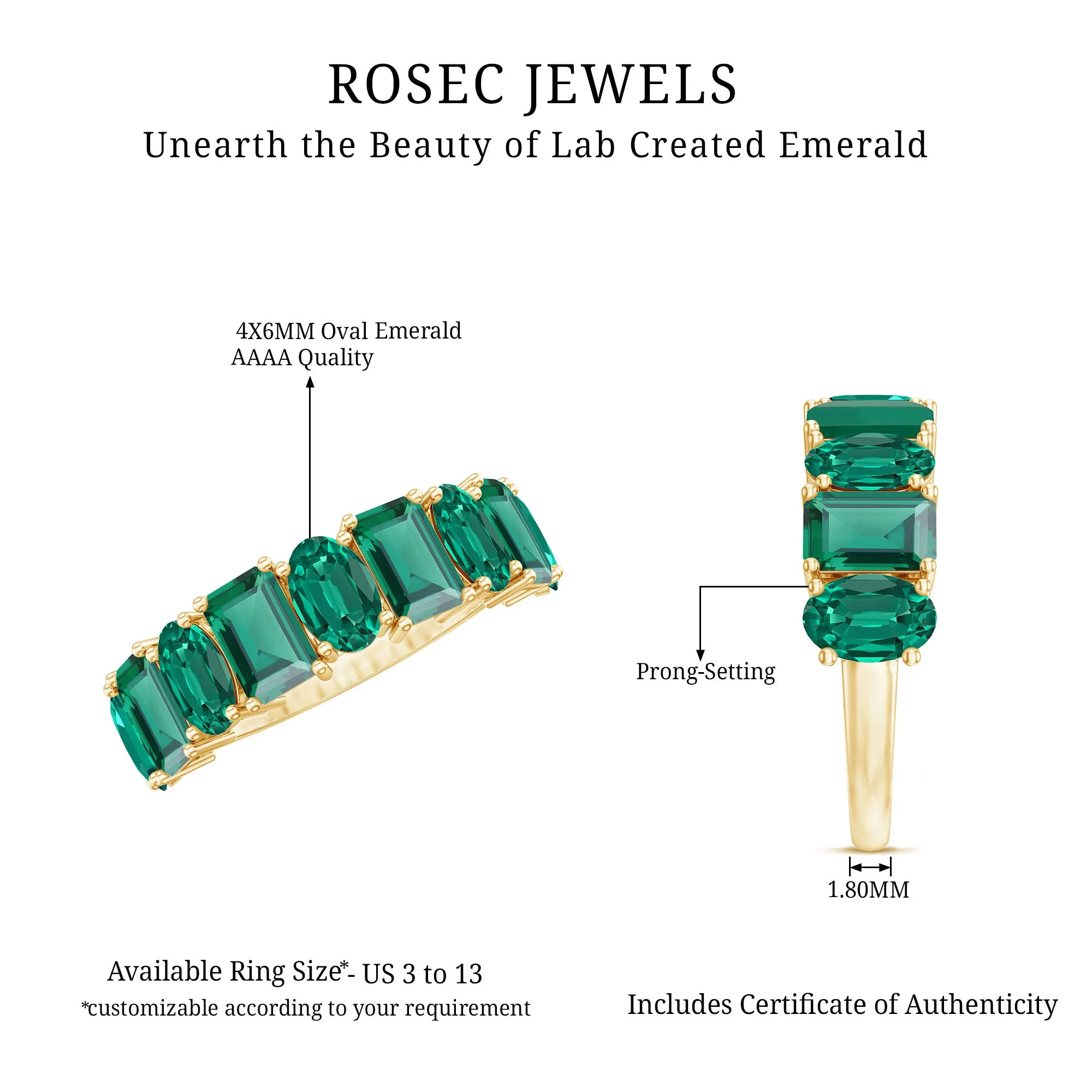 Emerald and Oval Lab Grown Emerald Half Eternity Ring