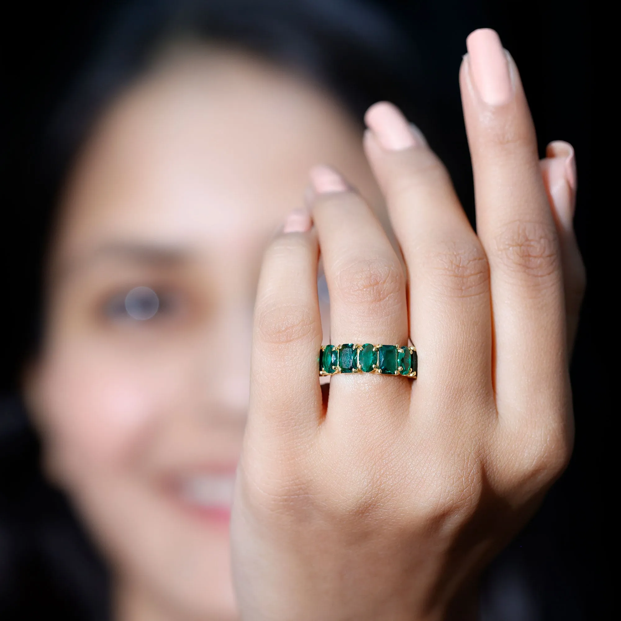 Emerald and Oval Lab Grown Emerald Half Eternity Ring