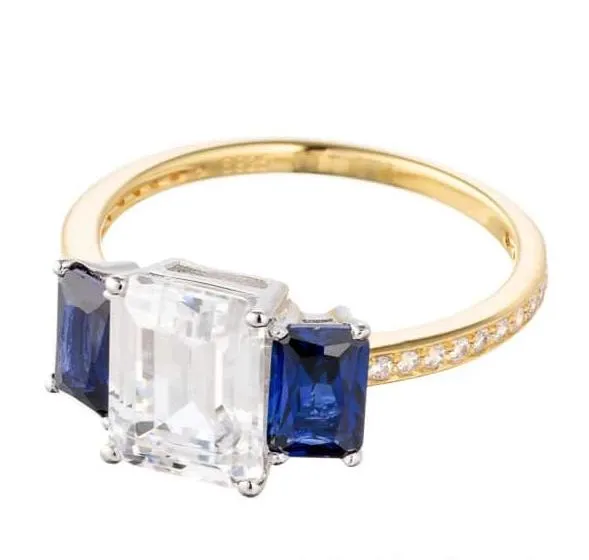 Emerald Cut Imitation Sapphire Three Stone Cubic Zirconia Engagement Ring In Sterling Silver