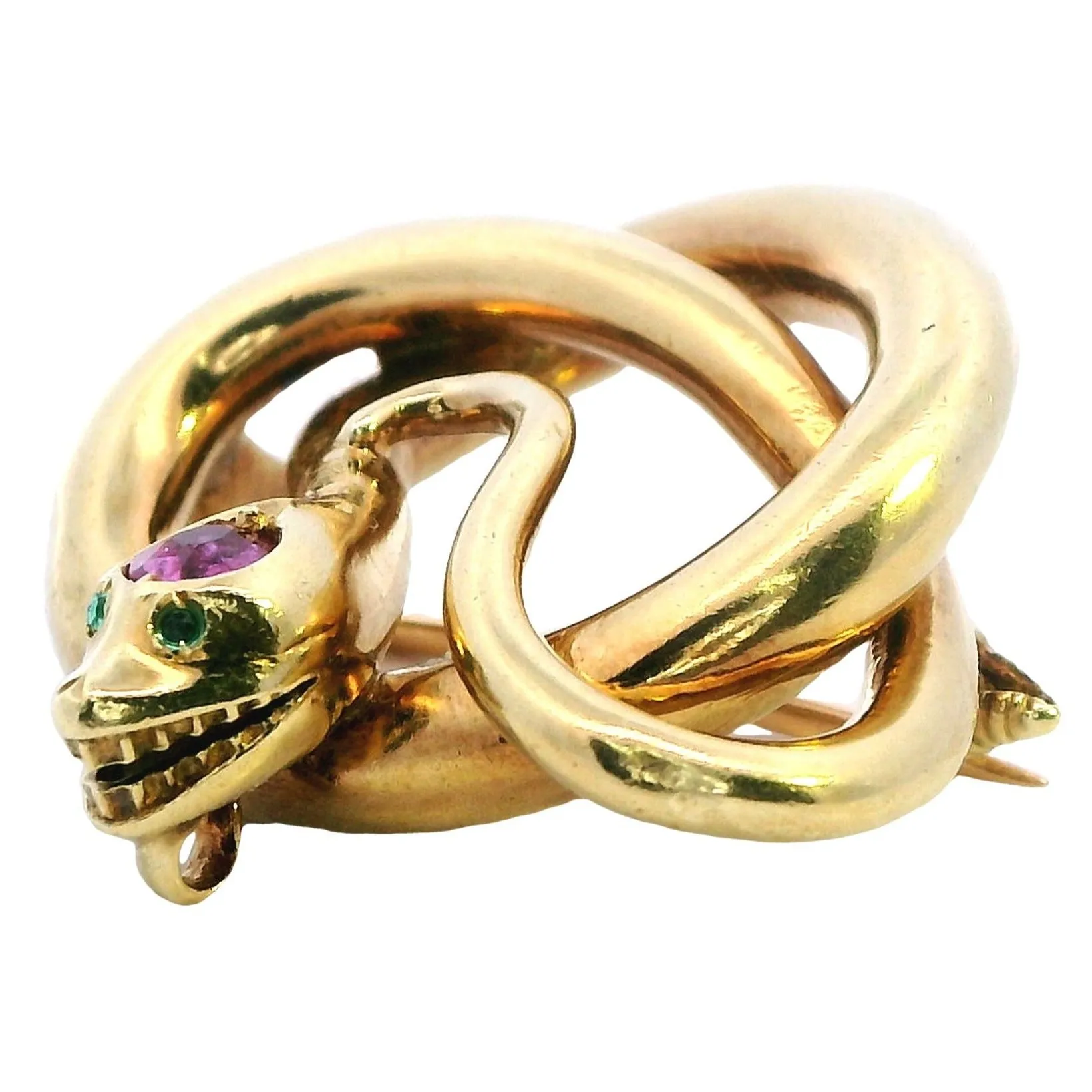 Exquisite 18ct Yellow Gold Snake Brooch with Emerald Eyes and Pink Sapphire