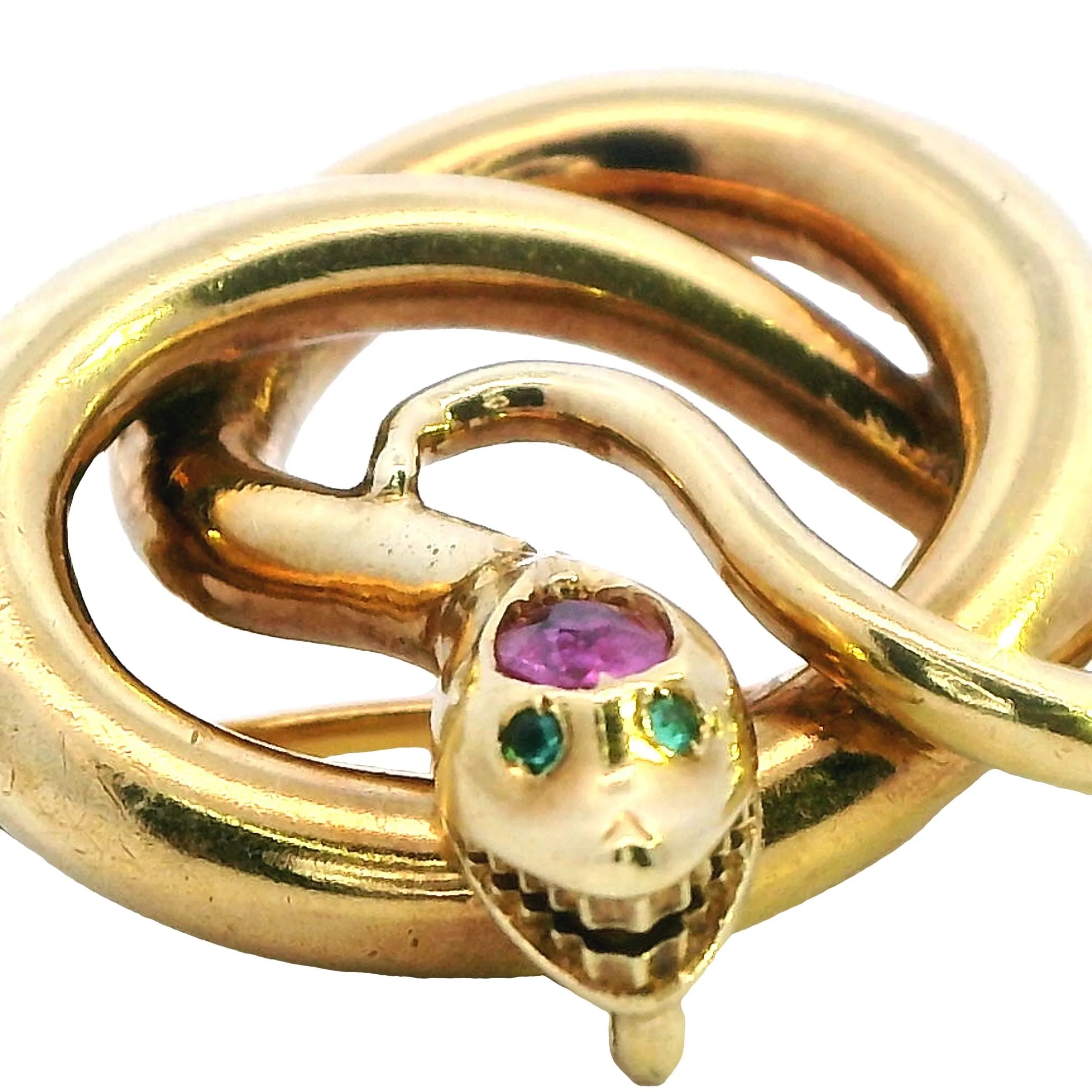 Exquisite 18ct Yellow Gold Snake Brooch with Emerald Eyes and Pink Sapphire