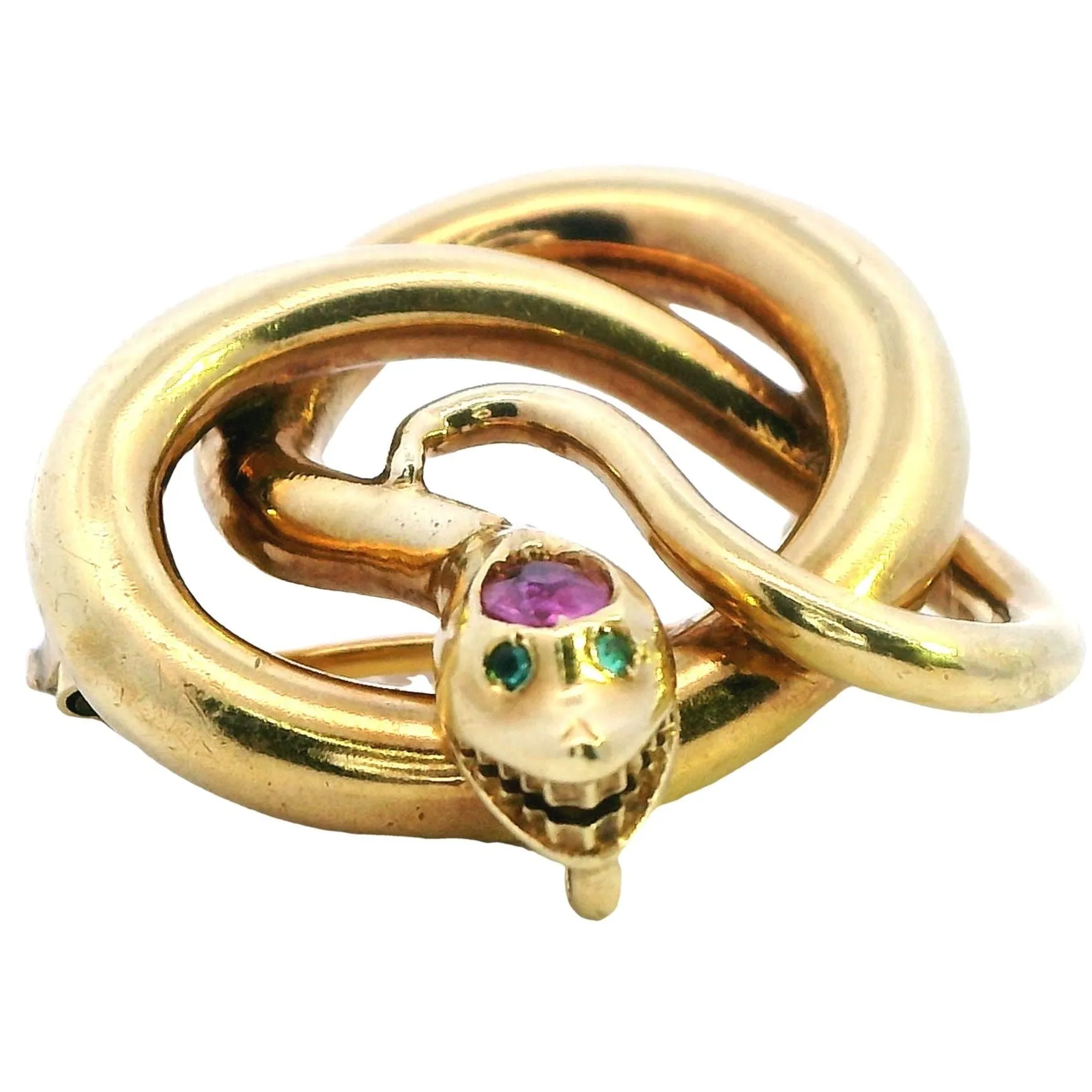 Exquisite 18ct Yellow Gold Snake Brooch with Emerald Eyes and Pink Sapphire