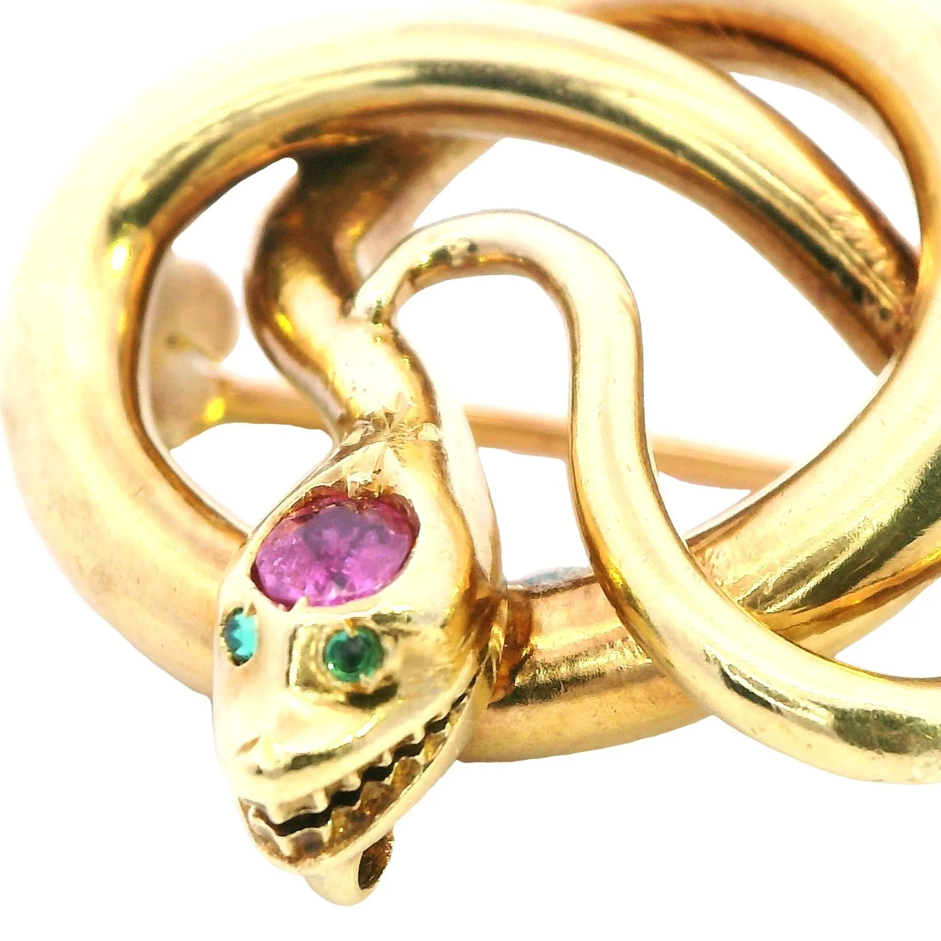 Exquisite 18ct Yellow Gold Snake Brooch with Emerald Eyes and Pink Sapphire