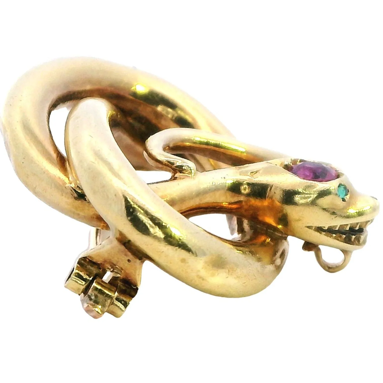 Exquisite 18ct Yellow Gold Snake Brooch with Emerald Eyes and Pink Sapphire