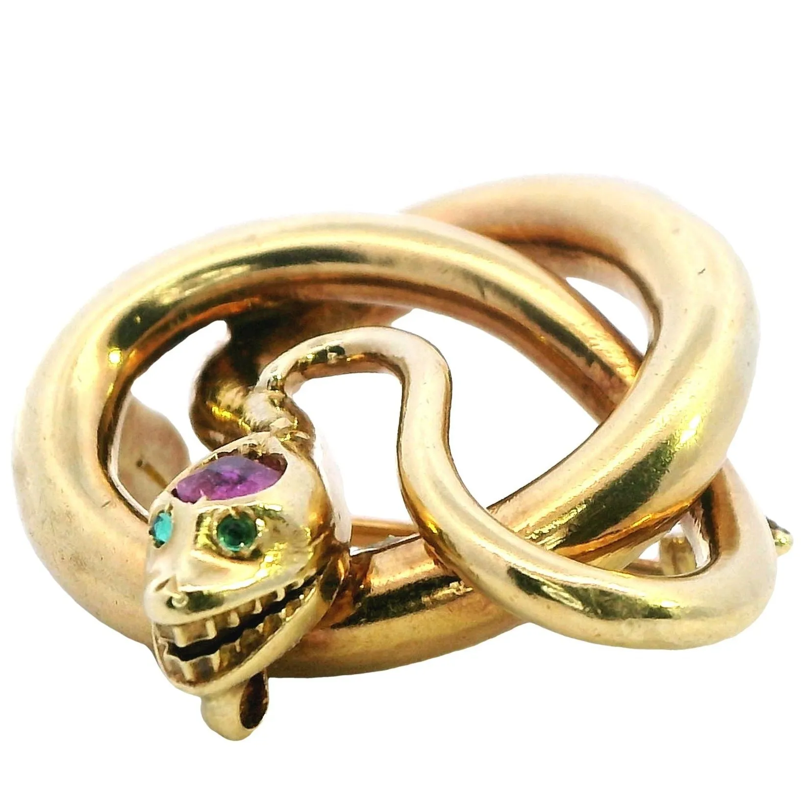 Exquisite 18ct Yellow Gold Snake Brooch with Emerald Eyes and Pink Sapphire