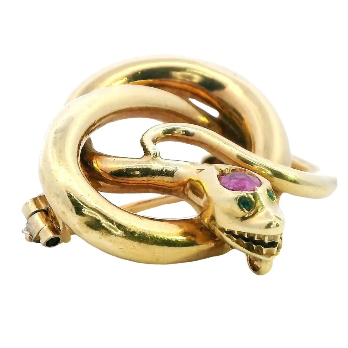 Exquisite 18ct Yellow Gold Snake Brooch with Emerald Eyes and Pink Sapphire