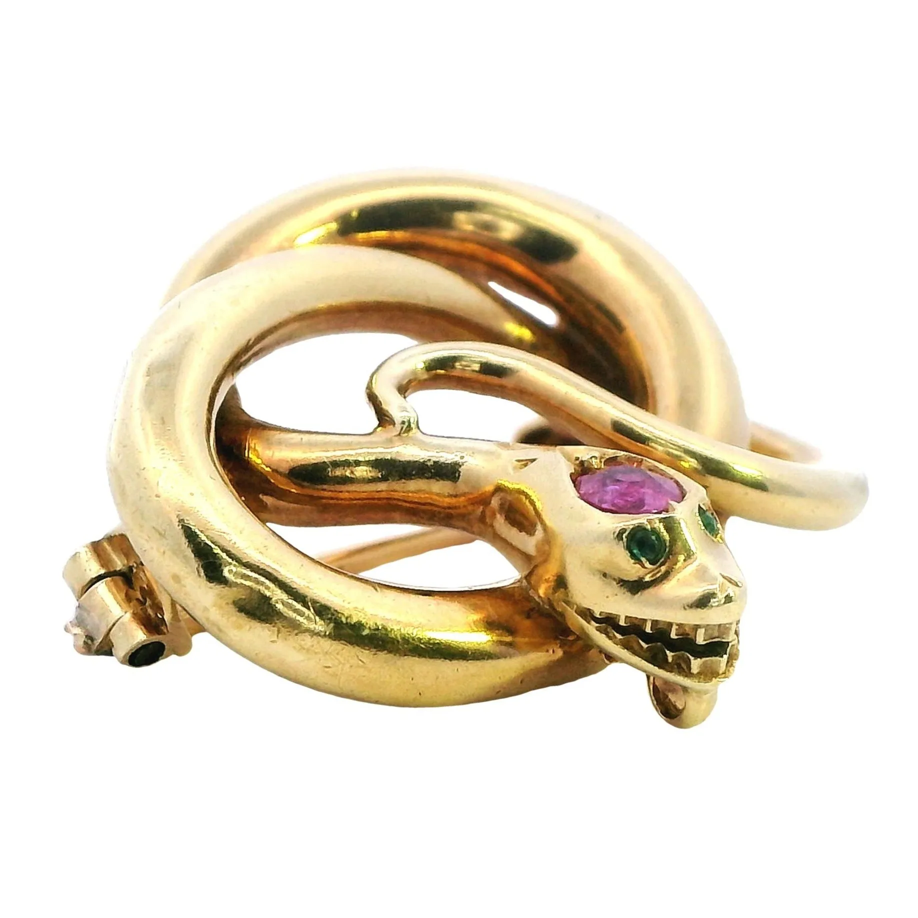 Exquisite 18ct Yellow Gold Snake Brooch with Emerald Eyes and Pink Sapphire