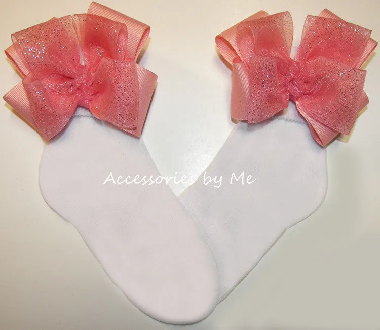 Glitzy Coral Pink Organza Bow Socks