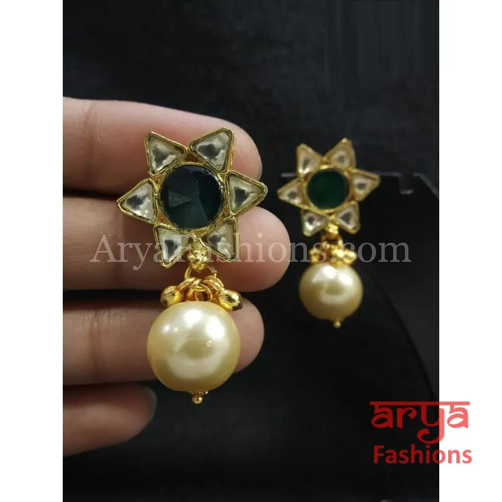 Golden Pearl Studs Earrings with Pearl Drops