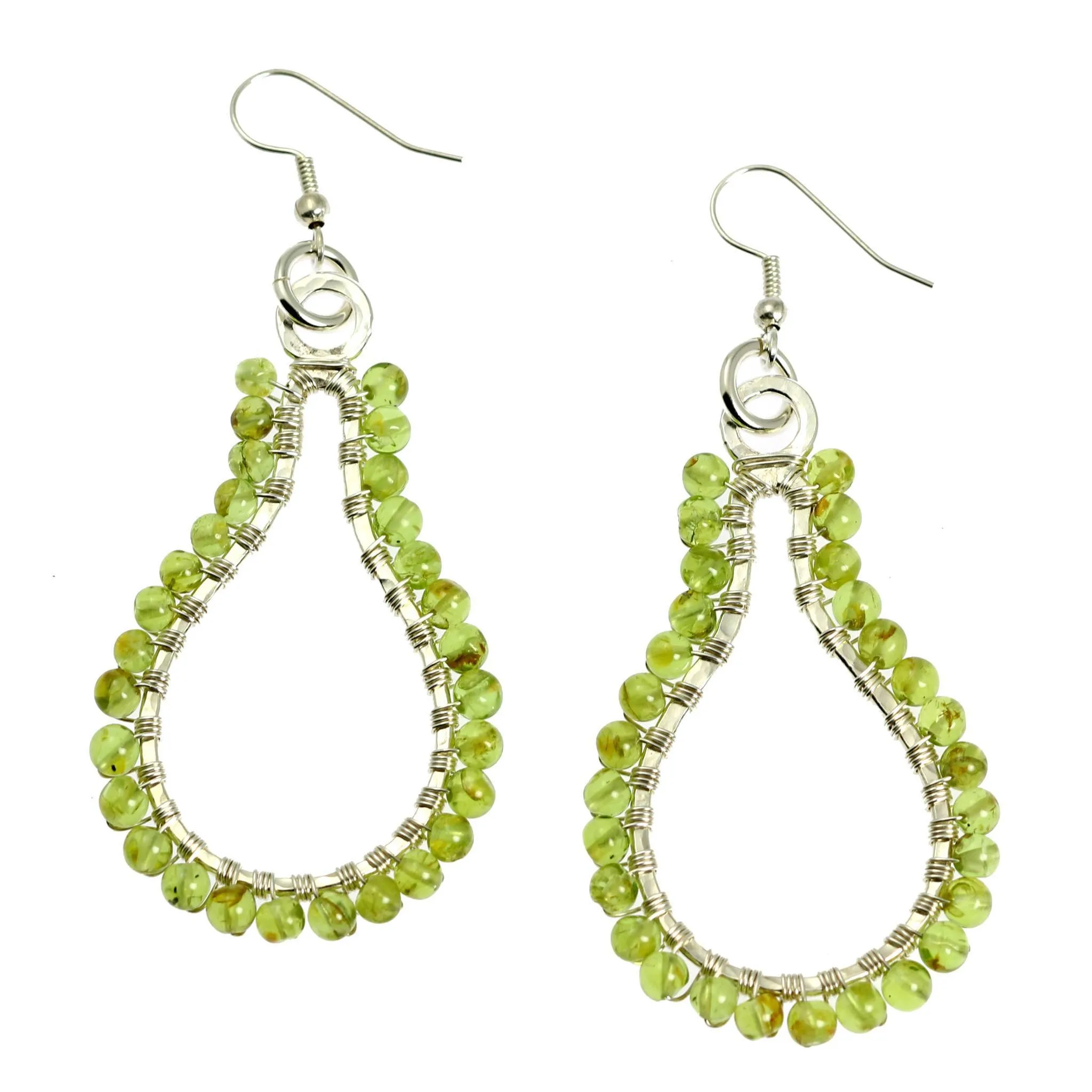 Hammered Fine Silver Wire Wrapped Drop Earrings with Peridot